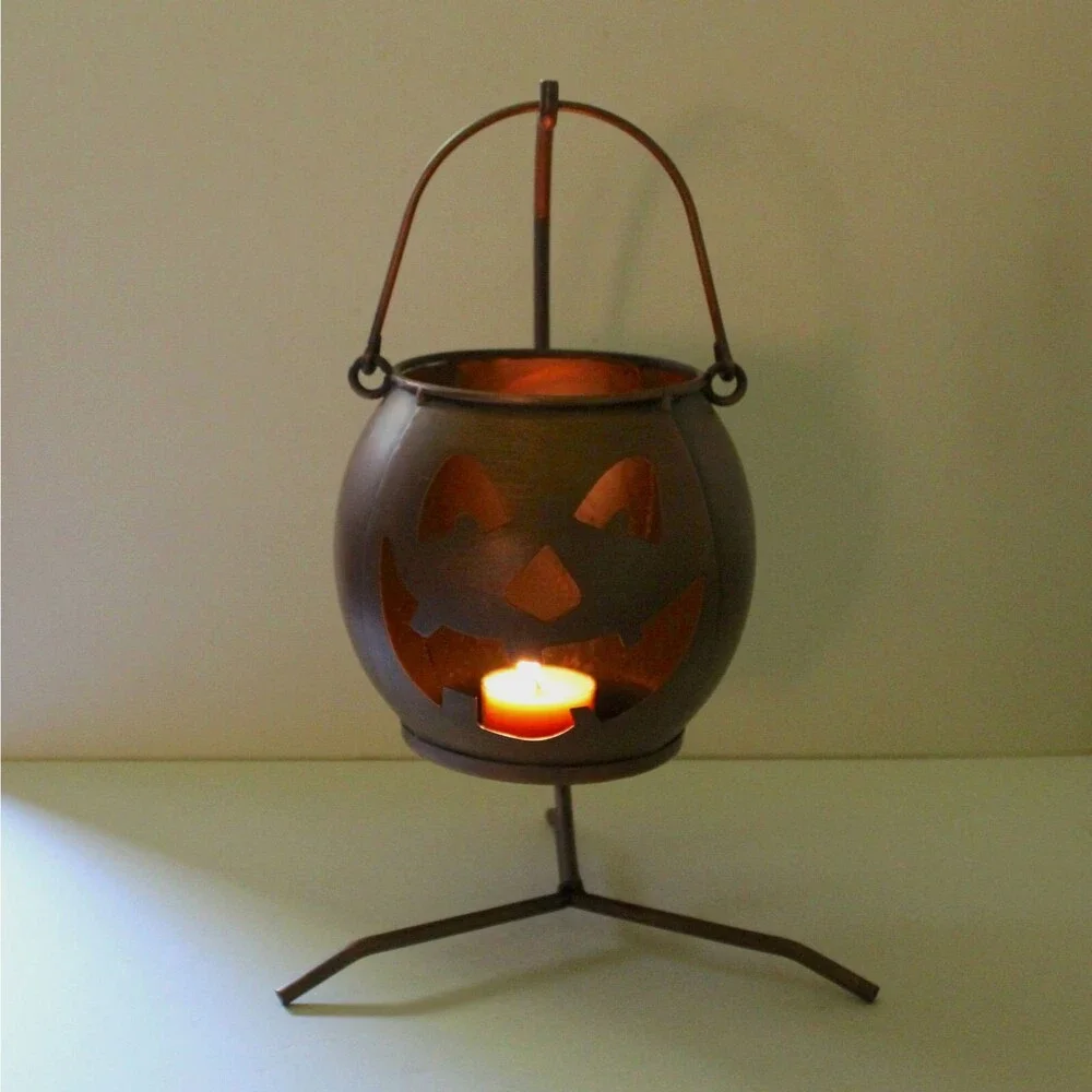 Ganz Pumpkin Hanging Jack O Lantern on Stand copper finish large Halloween 11.5